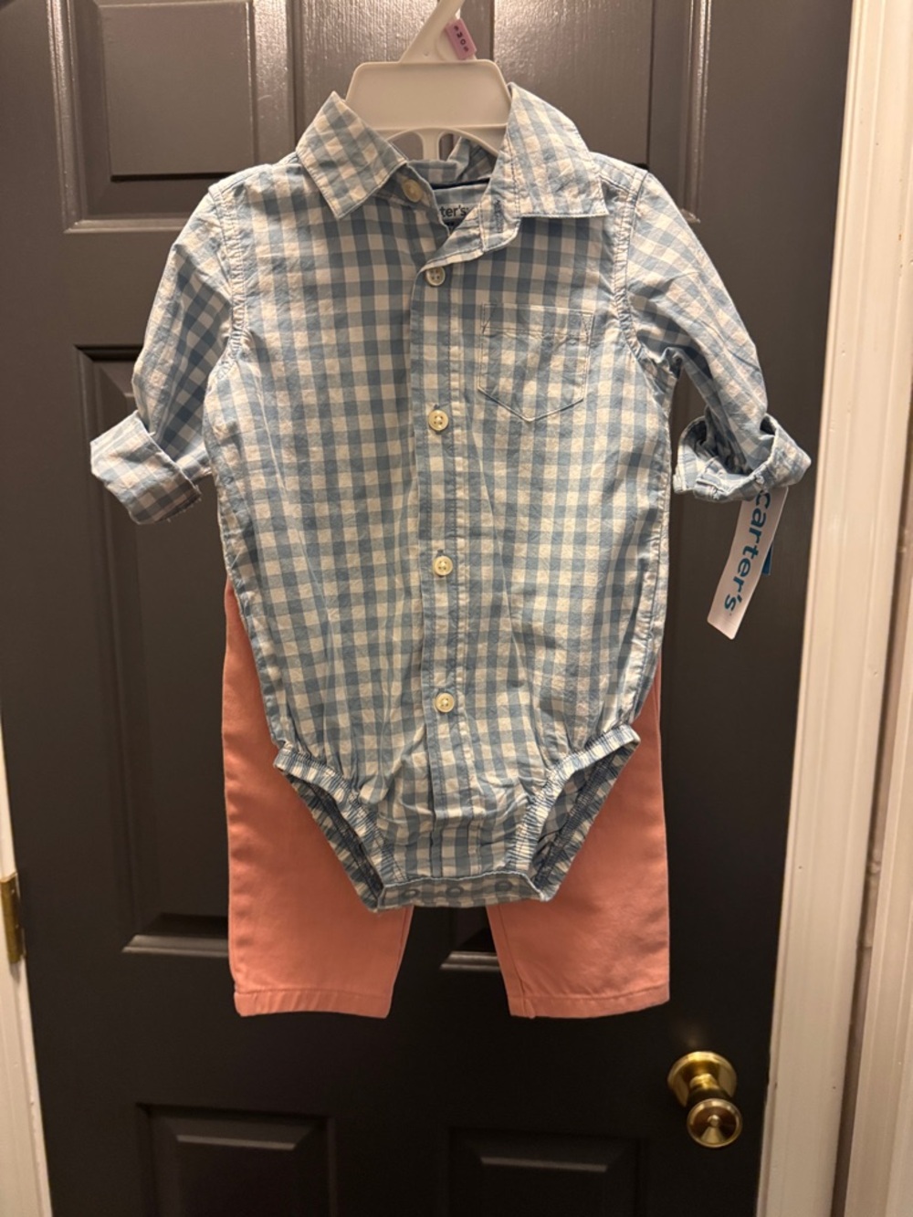Light Blue & White Gingham Button-Down Bodysuit with Pink Khaki Pants